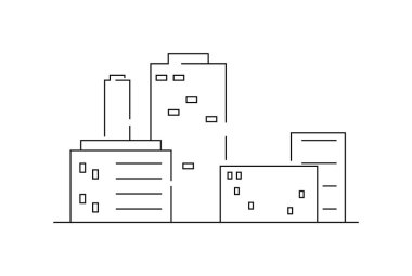 Şehir manzarası çizimi, pencereli ve kapılı birkaç dikdörtgen bina. İllülasyon, modern şehir mimarisini temiz ve soyut bir şekilde tasvir etmek için basit geometrik şekiller kullanır.