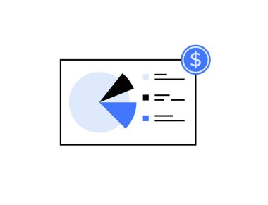 Finansal verileri ve bir dolar işaretini içeren bir pasta grafiği simgesi. Temalar arasında iş finansmanı, finansal analiz ve veri görselleştirmesi yer alıyor. Basit ve etkili görsel tasarım.