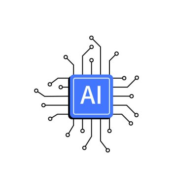 Beyaz arka planda dijital devrelerle çevrelenmiş, teknolojiyi ve yapay zeka uygulamalarına odaklı yapay zeka entegrasyonunu temsil eden mavi bir yapay zeka çipi..
