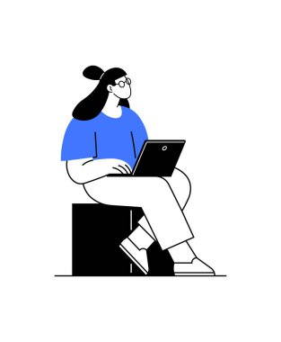 Dizüstü bilgisayarla blokta oturan bir kadın, minimalist bir şekilde resmedilmiş. Tasarım, kadın gömleğinde mavi renkli bir pop ile tek renkli siyah beyaz renkler kullanarak şık bir illüstrasyon yaratıyor..