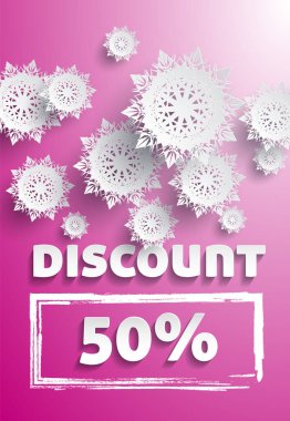 Narin kar taneleri% 50 'lik indirimli metnin üzerinde yüzer. Kış satışları, tatil promosyonları, mevsimlik pazarlama ve şenlikli reklam kampanyalarına uygulanabilir. Pembe eğimli arkaplan