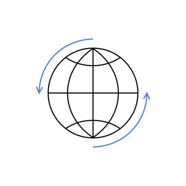 Oklu minimalist dünya ikonu, küresel iletişimi, uluslararası bağlantıları ve ağı sembolize ediyor. Tasarım temiz ve modern, dünya çapındaki etkileşim ve değişim odaklı..