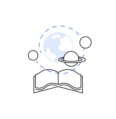 Üzerinde yüzen gezegenler ve Dünya olan açık bir kitap. İllüstrasyon, bilgi, keşif ve okuma ve eğitim yoluyla keşfin sınırsız olanaklarını sembolize eder.