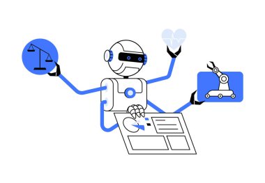 Denge, sağlık ve otomasyon sembolleri taşıyan robot, hukuk, sağlık ve imalat gibi çeşitli alanlarda çok yönlülüğü vurguluyor..