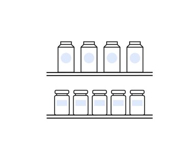 Çeşitli kaplar ve kavanozlarla dolu iki raf. Siyah çizgili minimalist tarzda tasvir edilmiş. Beyaz arkaplanda açık mavi etiketler, depolama veya organizasyon temaları için ideal