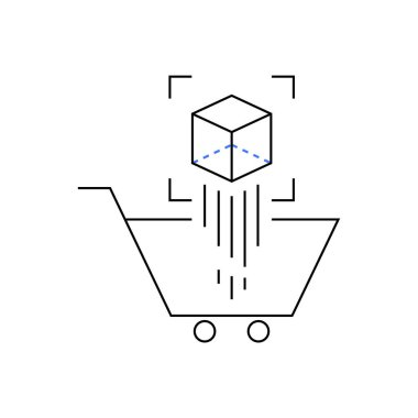 Üzerinde 3 boyutlu bir kutu olan stilize bir alışveriş arabası, online alışverişi ve artırılmış gerçekliği simgeliyor. Tasarım minimalistik, temiz çizgiler ve sanal ürünü vurgulayan mavi bir dokunuşla