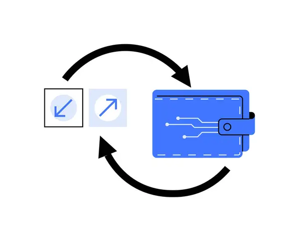 stock vector Illustration of a wallet with circuit design and two-way arrows. Great for concepts of digital transactions, cryptocurrency exchanges, financial technology, blockchain, and fintech branding.