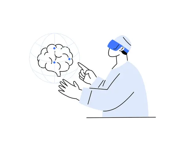 stock vector Person interacting with a digital brain in a virtual reality setting, symbolizing artificial intelligence, neural networks, and advanced technology. Highlights innovation and futuristic concepts