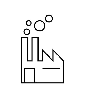 Geometrik şekilli, dairesel dumanlı, endüstriyi, imalatı ve üretimi temsil eden basit bir fabrika binası çizimi. Minimalist tasarımı olan beyaz arkaplanda siyah çizgiler.