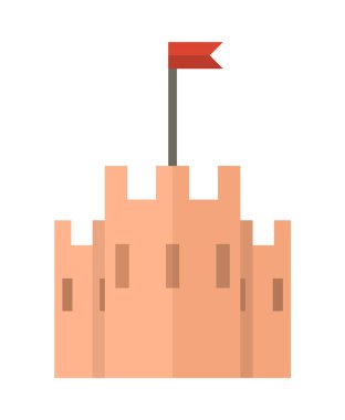 Kırmızı bayraklı bir kumdan kale tasviri. Konular arasında plaj, tatil, oyun ve yaz. Seyahat broşürleri, yaz kampları ve çocuk aktiviteleri için kullanılabilir.