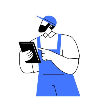 Tablet tutan bir işçinin tasviri, endüstriyel ve lojistik ortamlarda teknoloji kullanımını sembolize ediyor. İş, teknoloji ve endüstri temaları için mükemmel. Basit siyah, beyaz ve mavi tasarım.