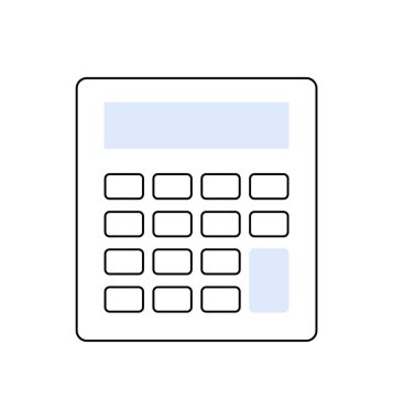 Büyük ekran ve düğmeleri olan basit hesap makinesi simgesi, finans, muhasebe ve matematik kavramları için idealdir. Eğitici, finansal ve teknolojik sunumlarda kullanışlı. Siyah ve beyaz teması.