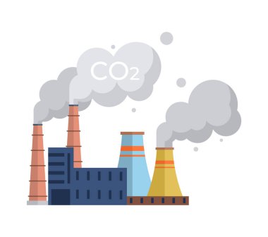 Tütsülenmiş bacaların beyaz zemin üzerinde CO2 salgıladığı, endüstriyel kirliliği, iklim etkisini ve çevresel farkındalığı temsil eden bir fabrikanın vektör çizimi. Ekonomi kampanyaları için uygun.