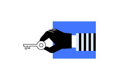 Mavi kare arka planda anahtarı tutan siyah bir el. Erişim, kontrol, mülkiyet veya güvenliği temsil eder. Güvenlik, emlak ve dijital erişim kavramları için uygun.