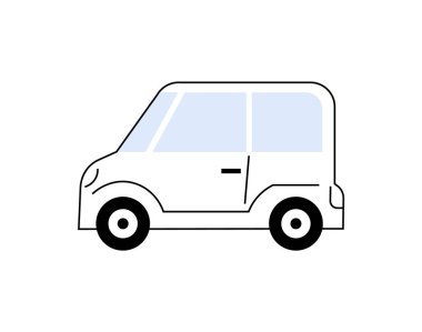 Siyah çizgili sadeleştirilmiş araba çizimi ve beyaz arka planda mavi pencereler. Ulaşım, araç tasarımı, otomotiv endüstrisi veya uygulama arayüzü kavramları için ideal.