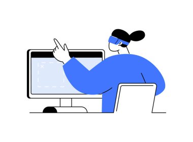 Sanal etkileşimi, dijital deneyimi ve modern teknolojiyi sembolize eden VR kulaklıklı ve işaret eden bir kişi. Minimalist tasarım gerçeklik ve sanal dünyanın karışımını vurgular..