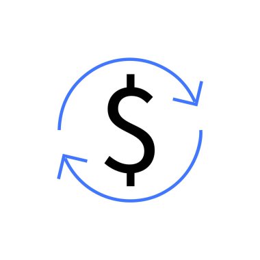Mavi dairesel oklu siyah dolar işareti, mali işlemleri, döviz kurunu ve para akışı kavramlarını temsil ediyor.