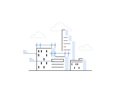 Şehir planlama, tasarım, inşaat ve kalkınmayı sembolize eden modern şehir binalarının mimari planları. İllülasyon, kentsel ortamların şekillendirilme sürecini vurguluyor