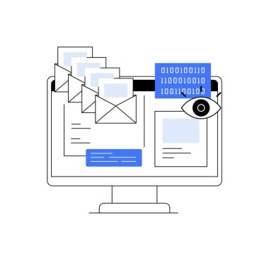 E- postaları, ikili kodları ve gözü olan bir dijital güvenlik konsepti. Gözetlemeyi, veri korumayı, mahremiyeti ve ağ güvenliğini temsil ediyor. Teknoloji, siber güvenlik ve mahremiyet farkındalığı için kullanışlı.