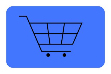 Mavi arka planda iki tekerleği olan minialist bir alışveriş arabası. E-ticaret, çevrimiçi alışveriş, perakende, pazar yerleri ve satış promosyonları için ideal.