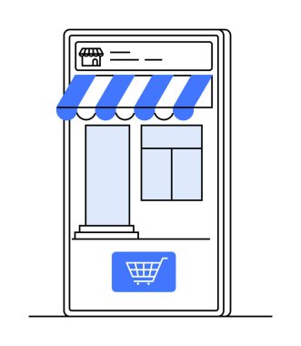 A mobile device displays an online storefront with a blue and white striped awning. A shopping cart icon is visible at the bottom. Ideal for e-commerce, online shopping, digital marketing, mobile apps clipart