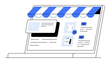 Tenteli bir dizüstü bilgisayar ekranında ürün listeleri, indirim etiketleri ve alışveriş sepetine eklenen tuşlar var. Bu da bir çevrimiçi dükkan olduğunu gösteriyor. E-ticaret, perakende, çevrimiçi satış, dijital alışveriş, promosyonlar için ideal.