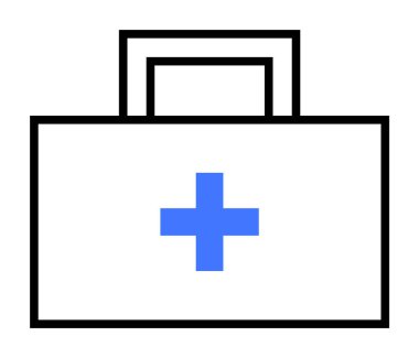 Mavi haç sembolü ve siyah saplı beyaz bir ilk yardım çantası. Görüntü, çoğunlukla sağlık, acil bakım ve tıbbi malzemelerle ilişkili minimalist bir vektör illüstrasyonudur..