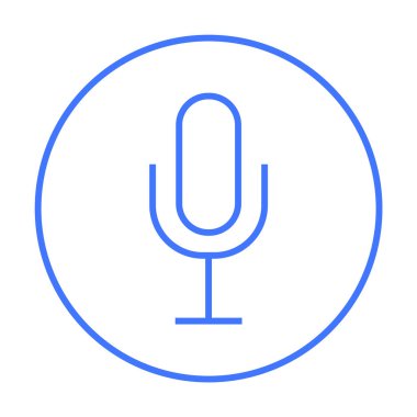 Dairesel sınırın içindeki bir mikrofonun mavi çizgisi. Podcastler, ses asistanları, ses uygulamaları, ses kaydı ve yayın için ideal. Ses temalarını vurgulayan basit ve temiz vektör tasarımı.