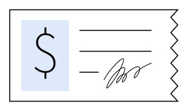 Bir ödeme makbuzunun minimalist vektör görüntüsü, büyük bir dolar sembolü, detaylar için çizgiler ve bir imza. Finansal temalar, faturalar, muhasebe, ödeme işlemleri ve ticaret için ideal.