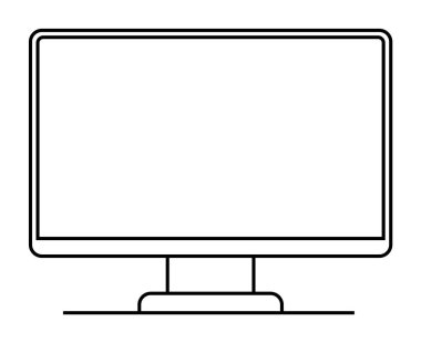 Standında dikdörtgen bir ekranı olan bir bilgisayar monitörünün basit siyah-beyaz taslağı. Teknoloji, elektronik, ofis, dijital çalışma alanları ve ev ofisleri için ideal.