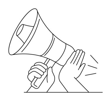 Bir çizgi, megafonu tutan bir eli tasvir ederken, başka bir el ona dokunur ya da engeller, ses dalgaları yayılır. İletişim, duyurular, protestolar, alarmlar ve kamuoyu için ideal