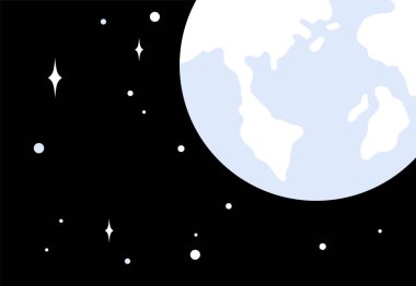 Görüntü, gökcisimlerini temsil eden birden fazla yıldız ve noktanın eşlik ettiği geniş, siyah bir arkaplanda Dünya 'nın bir kısmını tasvir eder. Temalar: Uzay, Dünya, Astronomi, Gece Gökyüzü, Evren.