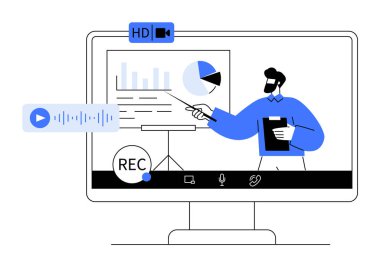 Mavi gömlekli sakallı adam ekranda ses, video, HD ve kayıt için ikonlar içeren bir pasta grafiği sunuyor. Çevrimiçi toplantılar, video konferansları, uzak sunumlar, sanal eğitim için ideal
