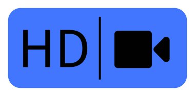 Yüksek çözünürlüklü mavi dikdörtgen arkaplan ve dikey çizgi. Ardından da siyah bir video kamera simgesi. Yüksek çözünürlüklü video sunar. Temalar: görüntü kalitesi, HD, ortam, teknoloji, dijital içerik