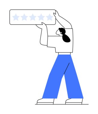 Siyah saçlı, mavi pantolonlu ve beyaz gömlekli biri beş yıldızlı bir pano tutuyor. Müşteri değerlendirmeleri, geri bildirim, kalite güvencesi, reytingler, memnuniyet anketleri için ideal.