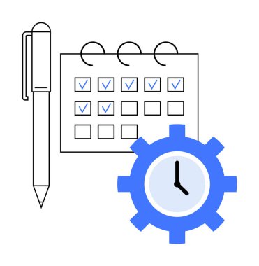 Kontrol işaretleri, kalem ve saat temalı mavi dişli bir takvim. Organizasyon, planlama, üretkenlik ve zaman yönetimi temaları..