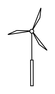 Black and white drawing of a wind turbine featuring three thin rotor blades attached to a cylindrical base. Themes: renewable energy, sustainability, environmental technology, wind energy clipart