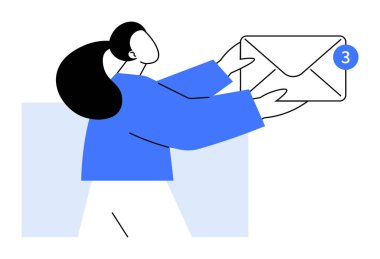 Mavi gömlekli ve beyaz pantolonlu bir adam elinde üç yeni mesajı gösteren bir zarf tutuyor. E- posta pazarlama, bildirimler, mesajlaşma uygulamaları, iletişim araçları, bültenler için ideal.