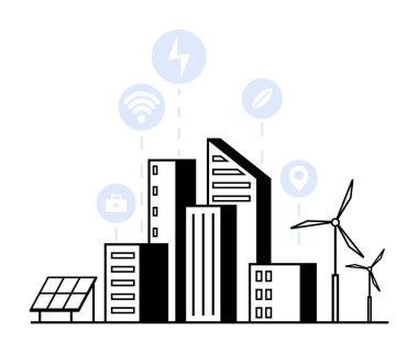 Binalar, rüzgar ve güneş gibi yenilenebilir enerji ve teknoloji ikonları içeren akıllı şehir illüstrasyonları. Kentsel planlama, enerji verimliliği, IOT ve sürdürülebilir yaşam konularıyla ilgili.