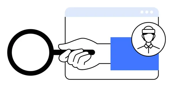 stock vector Hand holding magnifying glass, web page with user avatar, and highlighted section. Ideal for research, profile analysis, user interface, online search, and web exploration.