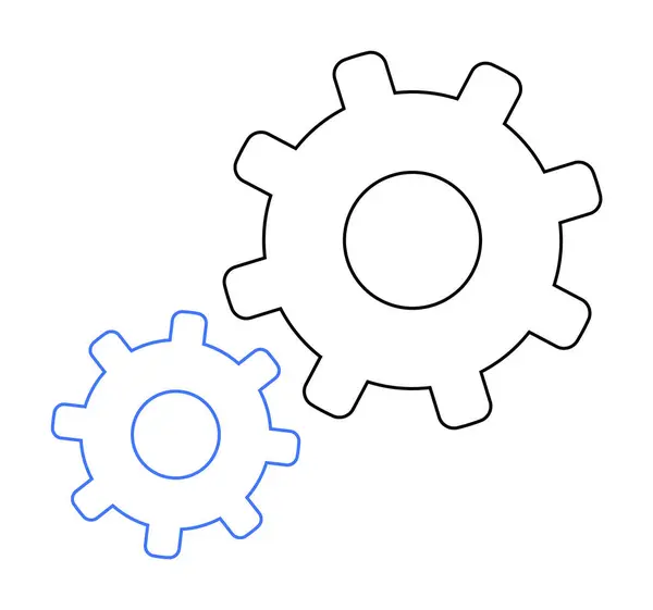 stock vector Two simple gears, one in black, one in blue, interlocking. Ideal for engineering, machinery, mechanics, industrial design, teamwork. The minimalist design conveys technical and mechanical themes.