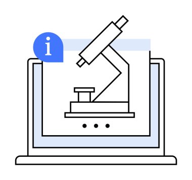 Resim ekranında mikroskop, mavi bilgi simgesi ve altında üç nokta bulunan bir dizüstü bilgisayara sahip. Temalar: bilim, teknoloji, araştırma, eğitim, vektör grafikleri.