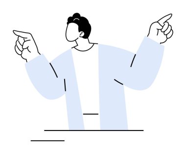 Yüz hatları olmayan, açık mavi bir ceket giyen ve iki eliyle yukarı doğru işaret eden bir kişi. Çizim, siyah, beyaz ve açık mavi renklerle basit ve minimalisttir.