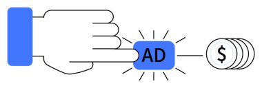 Bu resim mavi bir reklam düğmesine basan ve birikmiş paralara giden bir eli tasvir ediyor. Reklam, pazarlama, gelir, para ve çevrimiçi iş temaları için ideal.