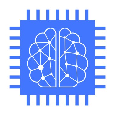 Mavi vektör görüntüsü, mavi bir mikroçip çerçevesi içinde sinirsel ağ desenleri olan beyaz bir beyin illüstrasyonunu gösterir. Yapay zeka, makine öğrenme, sinirsel ağlar, teknoloji ve elektronik temaları temsil eder