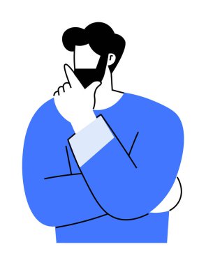 Bir insan, çenesinde bir elle tasvir edilir, derin düşüncelere dalmış gibi görünür. Bireyler mavi bir kazak giyiyor, ve sanat eserleri siyah, beyaz ve mavi renkli minimalist tasarım kullanıyor..