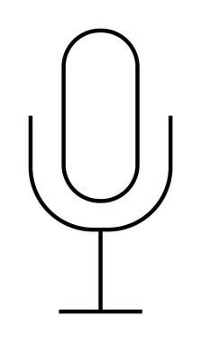 Beyaz arka planda klasik bir mikrofonun siyah, sadeleştirilmiş ana hatları. Podcast, kayıt, yayın, seslendirme ve ses mühendisliği ile ilgili konular için ideal.