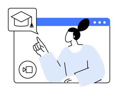 Tarayıcı penceresindeki bir video arayüzü içindeki mezuniyet başlığı simgesini gösteren kadın figürü. Eğitim için ideal, çevrimiçi öğrenim, webinarlar, sanal sınıflar, e-öğrenim platformları.