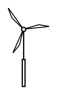 Tribünlere bağlı bir rüzgar türbini tasvir eden minimalist siyah ve beyaz bir vektör görüntüsü. Temalar: yenilenebilir enerji, rüzgar gücü, sürdürülebilirlik, minimalizm, temiz enerji.