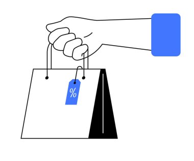 Yüzdelik indirim etiketli bir alışveriş torbasını tutan bir el. Alışveriş, satış, perakende tanıtım, pazarlama, e-ticaret için ideal.